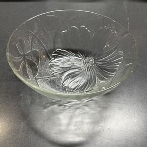 KIG Indonesia Pressed Clear Glass 10" Fruit Bowl Poppy Hibiscus Flower Design